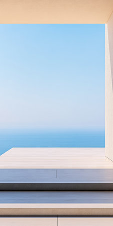 Minimalist terrace offers a breathtaking view of the ocean under a clear blue sky. Designed for relaxation, it creates a peaceful atmosphere at dawn.の素材