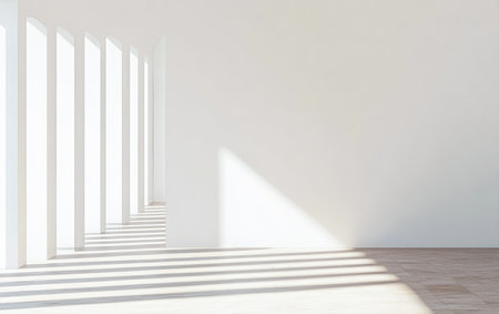 Soft sunlight streams through tall, white pillars in a spacious room, casting long shadows on the light wooden floor. The atmosphere feels calm and airy, perfect for relaxation.の素材