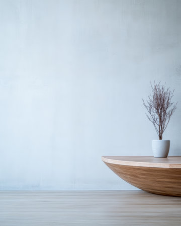 A wooden table with a unique shape stands in a spacious room. A small plant in a white pot adds a touch of nature against a plain, light-colored wall.の素材