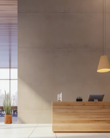 A spacious reception area features a wooden front desk against a minimalist wall. Large windows allow natural light to flood the room, enhancing the inviting atmosphere.の素材