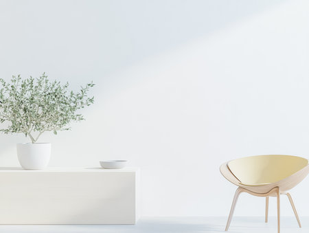 A spacious and bright room features a stylish modern chair and a decorative plant in a simple pot on a white table. The clean lines create a calming atmosphere, perfect for relaxation.の素材