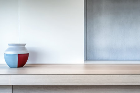 A beautifully crafted ceramic vase in blue and red rests on a smooth wooden table. The background features a minimalist design with soft tones and textures, creating a calm atmosphere.の素材