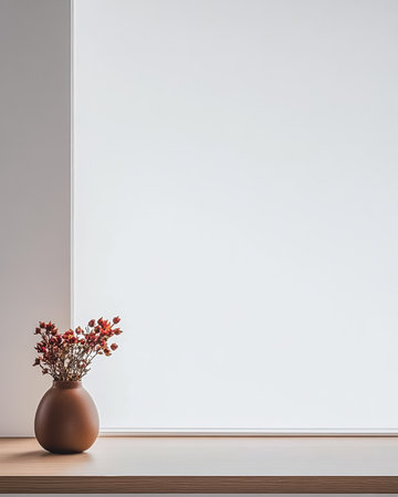 On a sunny day, a simple flower vase sits on a wooden table near a large window, enhancing the tranquil atmosphere of the modern interior.の素材