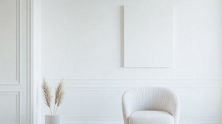 A bright room displays a soft white chair and a simple vase with dried plants. The wall features a blank canvas adding to the minimalist aesthetic of the space.の素材