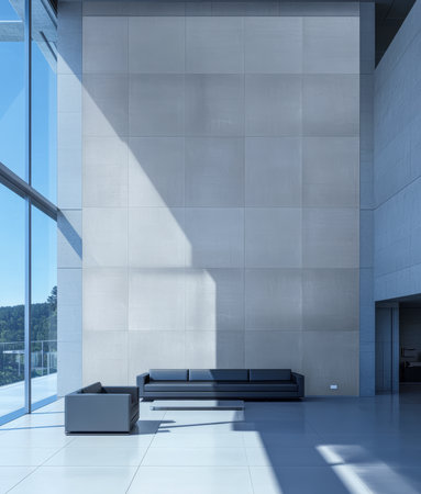 A spacious living area with large windows offers a bright view of nature. Minimalist furniture in neutral tones complements the contemporary design of the room.の素材