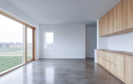A spacious kitchen with wooden cabinets and a polished concrete floor features large windows allowing natural light and a view of the green landscape outside.の素材
