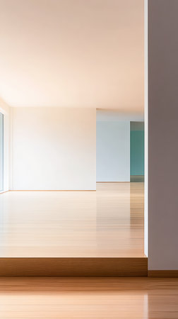 Bright, airy interior showcases smooth wooden flooring and clean white walls. The layout emphasizes open space with subtle color variations, creating a calming atmosphere.の素材