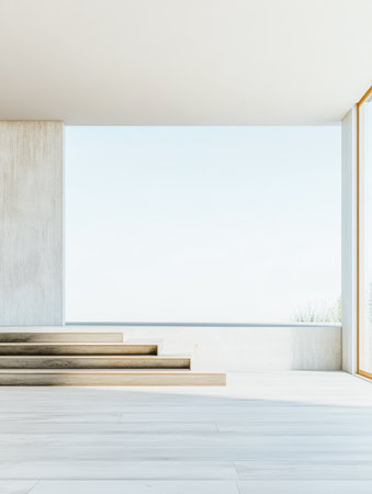 This room features a spacious layout with clean lines and natural light streaming through large windows. Simple steps lead to a serene view outside, enhancing the minimalist aesthetic.の素材