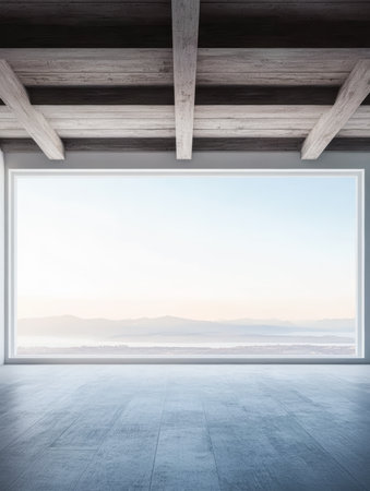 Bright room features a large window that opens up to a stunning view of mountains in the distance. Soft colors fill the space as morning light highlights the wooden beams.の素材