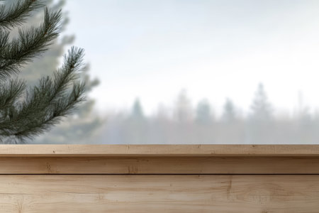 Pine branches frame a tranquil winter morning scene. A foggy forest stretches in the background, creating a serene atmosphere perfect for reflection.の素材