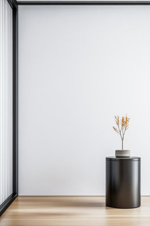 A serene indoor space features a round black table holding a potted plant. The bright white wall and wooden floor create a calm, minimalist atmosphere.の素材
