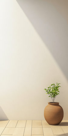 Sunlight streams through an open space, illuminating a clay pot containing a small green plant. The warm tones of the pot contrast with the light wall, creating a calm atmosphere.の素材