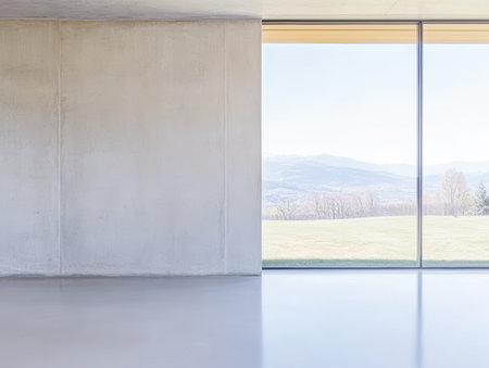 A simple and spacious interior features a large window that provides a stunning view of rolling hills and a clear sky. The concrete walls and smooth floor create a calm atmosphere.の素材