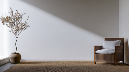 A cozy corner of a modern living area shows a woven chair with a white cushion beside a simple decorative plant. Soft sunlight streams in, creating a tranquil atmosphere.の素材