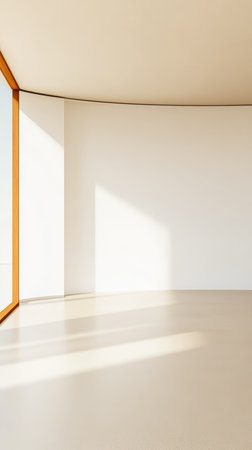 Bright and airy space features curved white walls and large wooden-framed windows allowing natural light to fill the room. The minimalist design enhances tranquility and openness.の素材