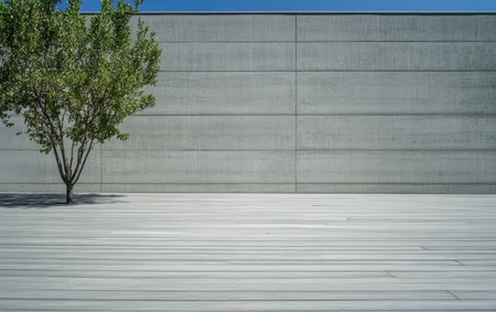 A clear blue sky shines over a minimalist outdoor area featuring a solitary tree beside a smooth concrete wall. The wooden surface adds warmth to the modern design.の素材