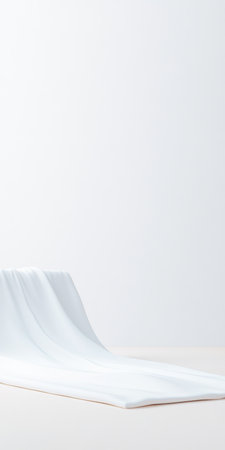 A gentle wave of soft white fabric cascades over a flat surface, illuminated by soft natural light. The minimalist scene emphasizes simplicity and tranquility, showcasing texture and light.の素材