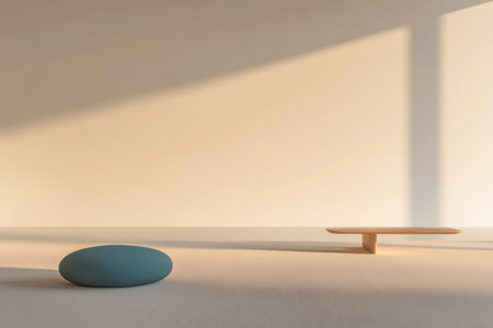 A serene indoor area showcases a blue stone-like object resting on a light surface. A wooden platform adds to the minimalist design, complemented by soft, natural lighting.の素材