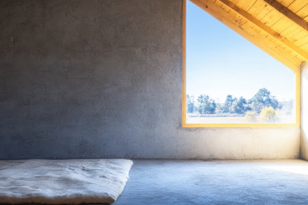 This interior space features a minimalist design with a soft surface on the floor. A large window allows natural light to flood in, showcasing the serene outdoor landscape.の素材