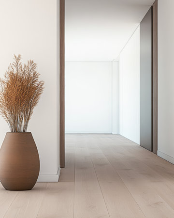 A spacious hallway features natural light pouring in from large windows, with a stylish vase holding dried plants. The wooden floor complements the minimalist decor.の素材