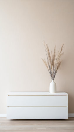 A white dresser stands against a soft beige wall, topped with a minimalistic vase holding dried flowers. This setup creates a calm and chic atmosphere in the room.の素材