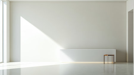 Natural light pours into a spacious, minimalist room through large windows. A single wooden chair stands against a smooth white wall, creating a calm and serene atmosphere.の素材