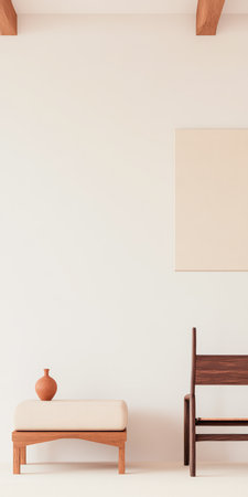 A serene interior showcases a bench and a chair made of wood, complemented by a clay vase. The soft colors and simple lines create a peaceful atmosphere, ideal for relaxation.の素材