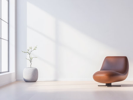 A cozy brown chair sits on a light wooden floor, next to a simple vase with a small plant. Sunlight streams through the large window, illuminating the minimalist space.の素材