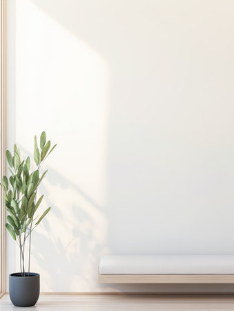 A bright and airy indoor space features a clean white wall, a wooden bench, and a vibrant potted plant. Gentle sunlight filters in, creating a calm atmosphere.の素材