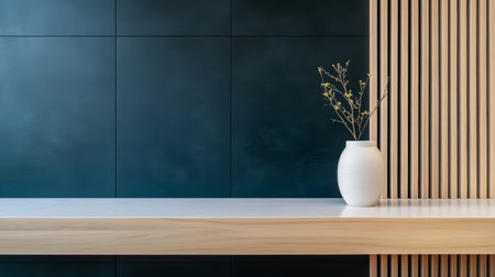 A serene space showcases a sleek white vase holding delicate branches, set on a smooth countertop. The backdrop features a deep blue wall with stylish wooden paneling.の素材