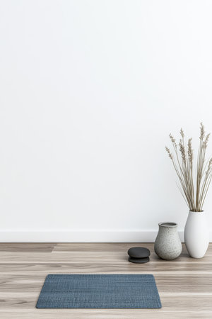 A clean and minimalist room features a yoga mat on the floor, alongside a vase with dried plants and a decorative pot. The neutral colors create a peaceful atmosphere for relaxation.の素材