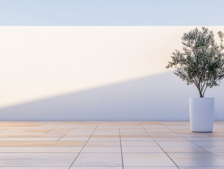 A clean and minimalist outdoor area features a solitary potted plant against a bright white wall. The sunlight casts shadows across the tiled floor, creating a serene atmosphere.の素材