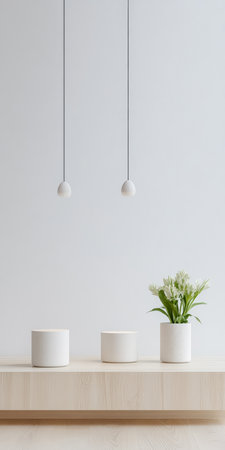 Two hanging lights illuminate a clean, minimalist shelf with three white pots, one containing a green potted plant against a plain wall. The setting feels calm and modern.の素材