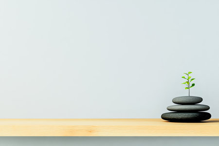 Smooth black stones are arranged in a small stack on a wooden shelf. A tiny green sprout emerges from the top stone, creating a peaceful and calm atmosphere in the room.の素材
