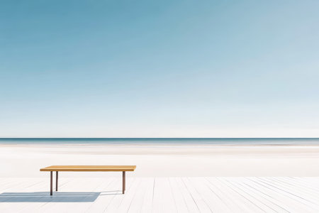 A wooden table sits on a white deck facing a tranquil beach. The clear blue sky meets the calm sea, creating a peaceful atmosphere during the day.の素材
