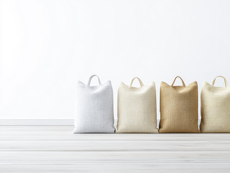 Soft, neutral-colored decorative pillows are lined up on a light wooden floor. They have different textures and appear inviting in a minimalistic setting.の素材