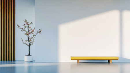 A spacious gallery features a bright, empty wall with sunlight casting shadows. A simple yellow bench stands beside a cherry blossom tree in a white pot, creating a serene atmosphere.の素材