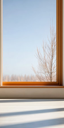 A cozy interior features a wooden window frame showcasing a winter landscape. A bare tree is visible against a clear blue sky, inviting tranquility into the space.の素材