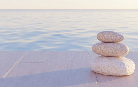 Three smooth stones are carefully stacked on a wooden surface near tranquil water. The scene takes place at sunrise, offering a peaceful and reflective atmosphere.の素材