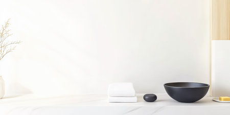 A clean and minimalist bathroom displays neatly stacked white towels beside a black bowl and small stone. Soft natural light highlights the tranquility of the space.の素材