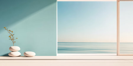 In this tranquil setting, a sleek modern room showcases a view of the calm ocean at sunset. Smooth stones and a small plant enhance the peaceful atmosphere.の素材