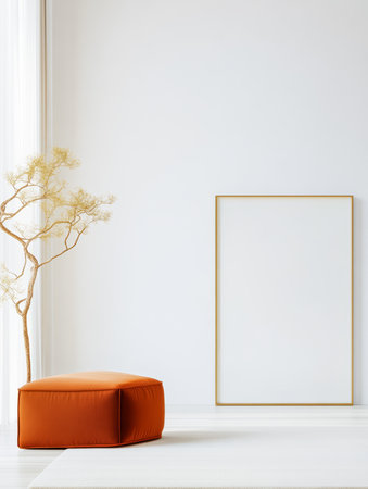 A spacious room features a simple design with a bright ambience, an orange pouf, a dried tree, and an empty gold-framed picture on a white wall showcasing minimalist decor style.の素材