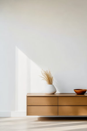 Bright and airy living room features a sleek wooden cabinet with a simple vase of dried grass and a bowl. Sunlight casts a warm glow on the minimalist decor.の素材