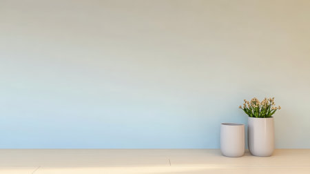 A serene indoor setup showcases two sleek, cylindrical pots. One pot holds vibrant green plants, set against a calming blue wall that enhances the minimalist decor.の素材