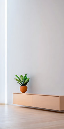 A bright, modern interior showcases minimalist design. A wooden cabinet sits against a light wall, adorned by a green potted plant that adds a touch of nature to the room.の素材