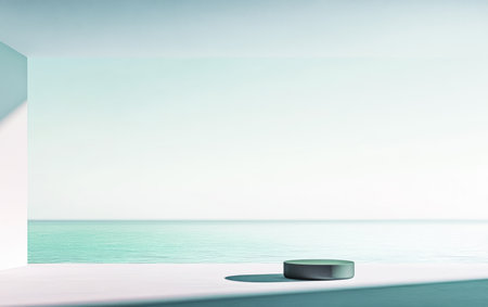 A tranquil scene showcases a smooth surface adjacent to calm waters, accompanied by a clean white structure. The atmosphere feels peaceful and inviting, reflecting daylight.の素材