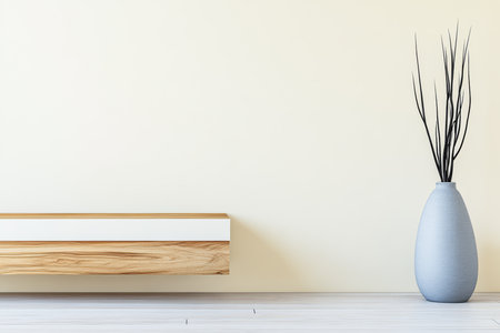 A simple and elegant indoor space features a natural wood shelf beneath a light wall. A tall vase with decorative branches adds a touch of nature to the room's clean lines.の素材