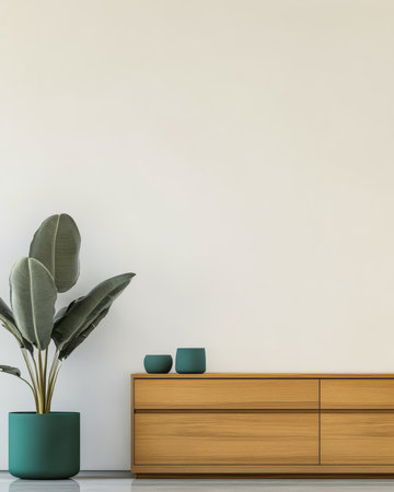 A modern living room features a sleek wooden cabinet paired with teal vases, complemented by a large green plant in a modern pot, creating a cozy yet elegant atmosphere.の素材