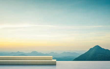 A peaceful balcony setting shows a breathtaking sunrise illuminating the distant mountains. Soft colors fill the sky as nature awakens, offering a serene start to the day.の素材