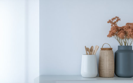 A modern kitchen shelf displays a stylish arrangement of dried flowers in a dark vase, a wicker basket, and wooden utensils in a white container, creating a minimalist aesthetic.の素材